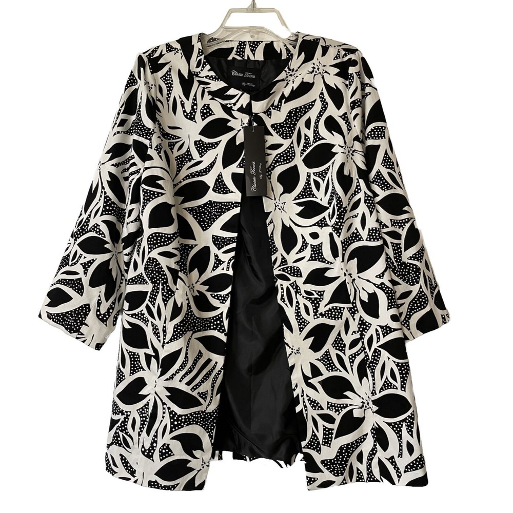 Classic Frenz Jacket Blazer Long Black White Floral Print Size L - New With Tags